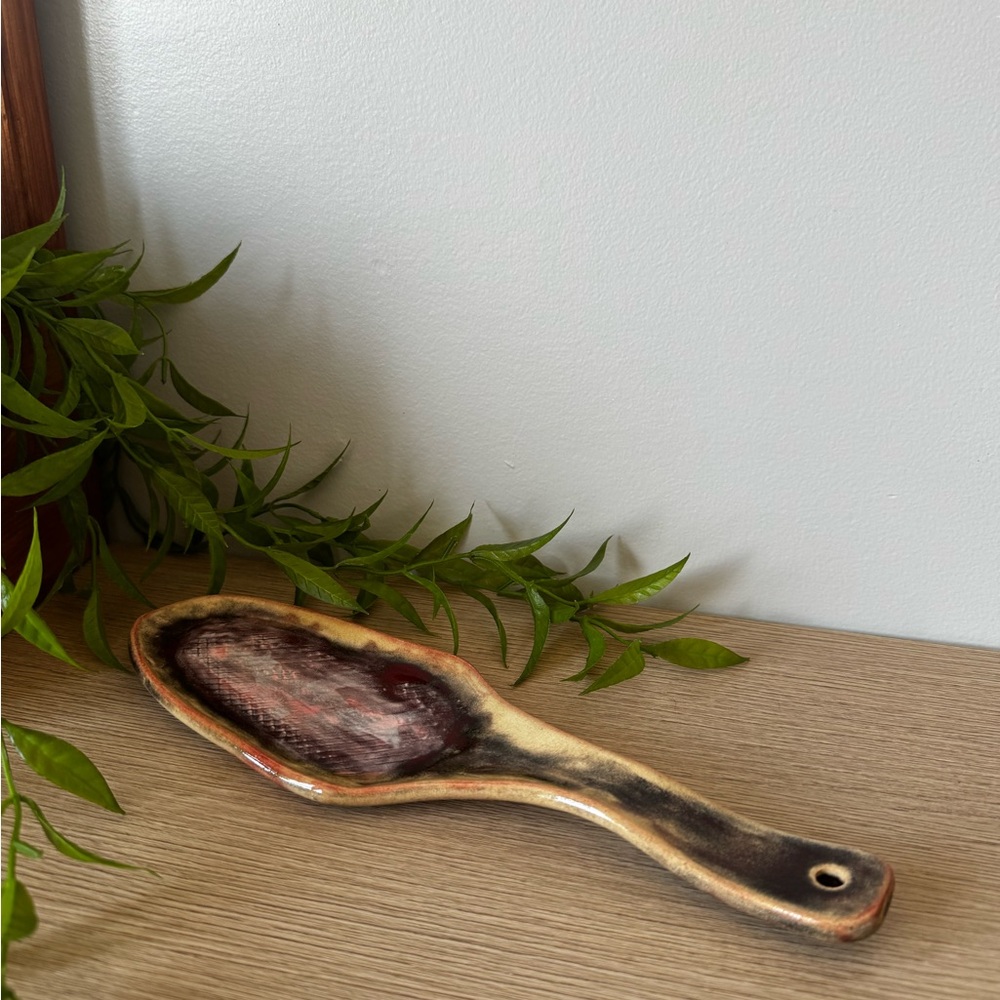 Handcrafted Ceramic Spoon Rest - Brown and Cream